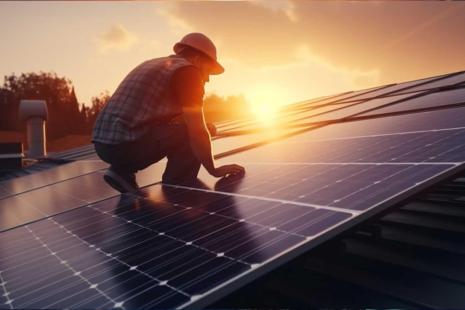 Technicien installant des panneaux solaires sur un toit en Tunisie pour une énergie propre et durable